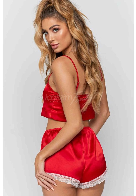 Merry See Dantel İşlemeli Saten Şortlu Pijama Takım Kırmızı MS2342-Kırmızı