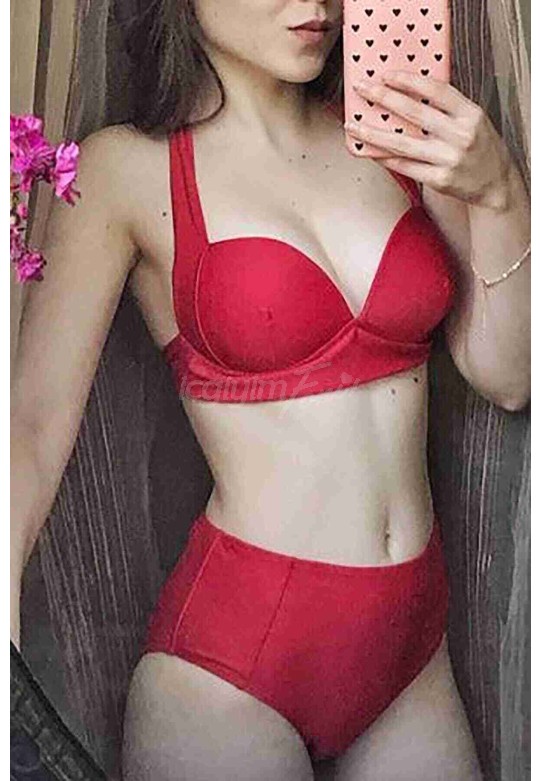 Angelsin Yüksek Bel Bikini Alt Kırmızı MS42039-Kırmızı