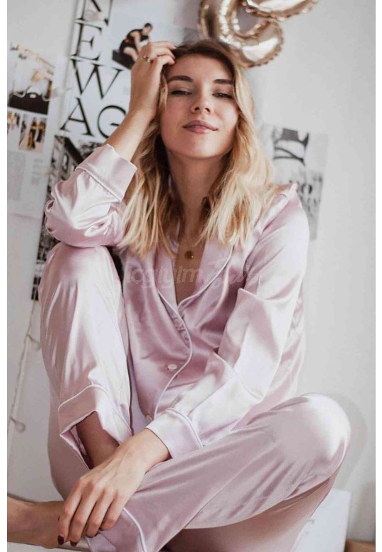 Merry See Saten Pijama Takım Düğmeli Pembe Açık MS2333-Pembe Açık